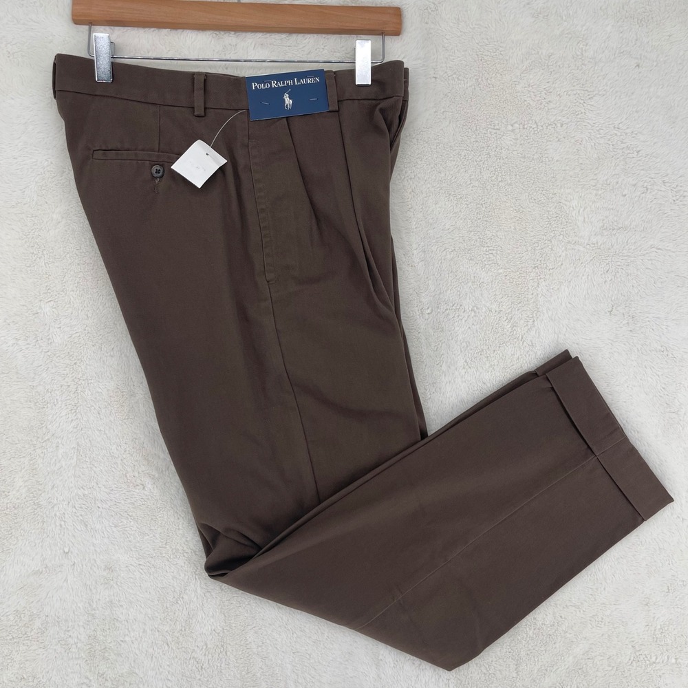 Polo Ralph Lauren Mens Algae Brown Pleated Cotton Cuffed 90s Trousers 30x30 NEW